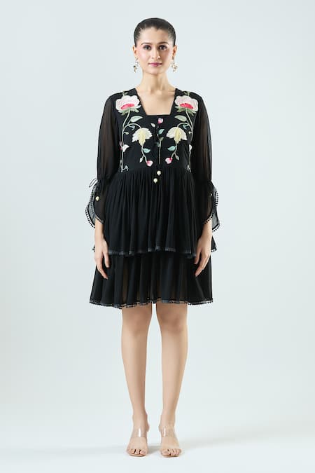 Seams Pret And Couture_Black Georgette Embroidered Thread Geometric Reem Floral Dress _at_Aza_Fashions