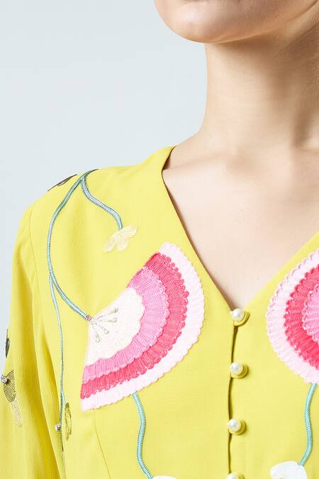 Buy_Seams Pret And Couture_Green Georgette Embroidered Thread V-neck Aashvi Floral Tunic With Pant 