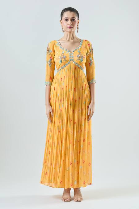 Seams Pret And Couture_Yellow Net, Georgette, Satin Beads, Frida Floral Embroidered Anarkali Pant Set _Online_at_Aza_Fashions