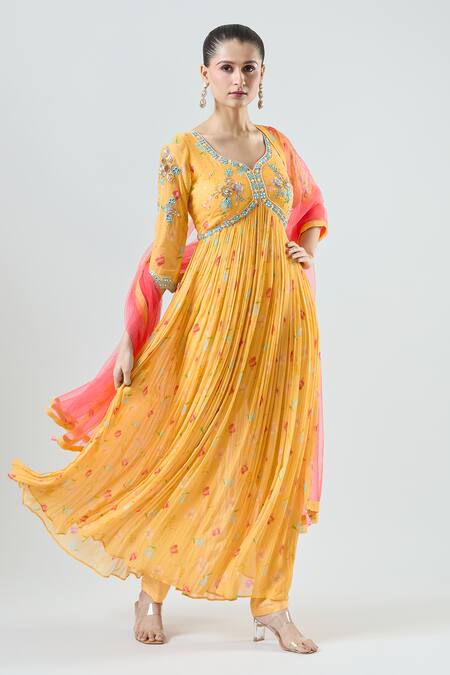 Buy_Seams Pret And Couture_Yellow Net, Georgette, Satin Beads, Frida Floral Embroidered Anarkali Pant Set _Online_at_Aza_Fashions