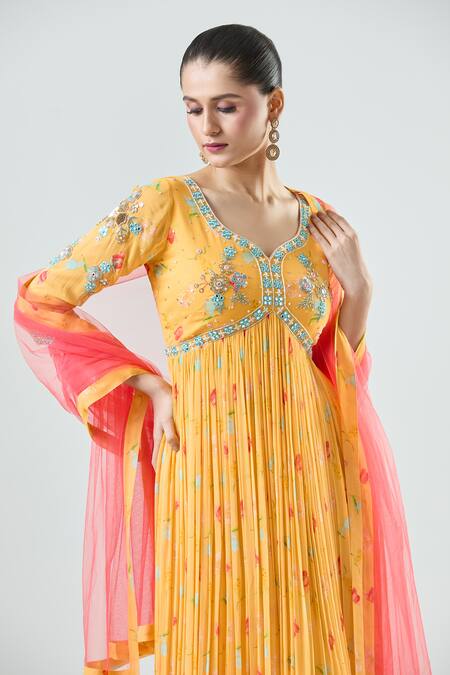 Shop_Seams Pret And Couture_Yellow Net, Georgette, Satin Beads, Frida Floral Embroidered Anarkali Pant Set _Online_at_Aza_Fashions