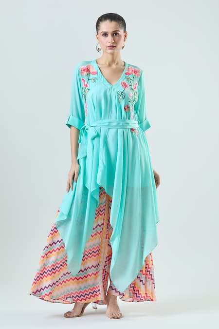 Seams Pret And Couture Blue Crepe Embroidered Thread V-neck Isabel Floral Tunic With Pant 