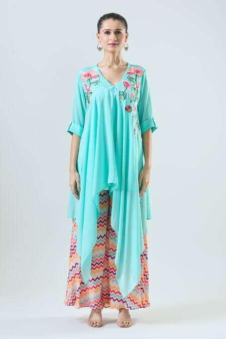 Seams Pret And Couture_Blue Crepe, Satin Embroidery V-neck Isabel Floral Tunic With Pant _Online_at_Aza_Fashions