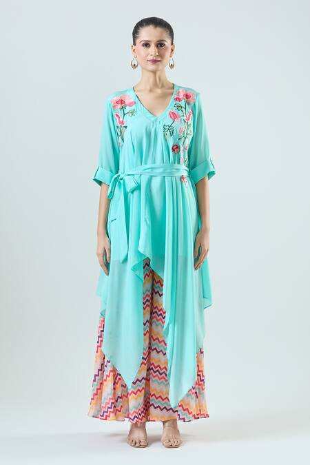 Shop_Seams Pret And Couture_Blue Crepe, Satin Embroidery V-neck Isabel Floral Tunic With Pant _Online_at_Aza_Fashions