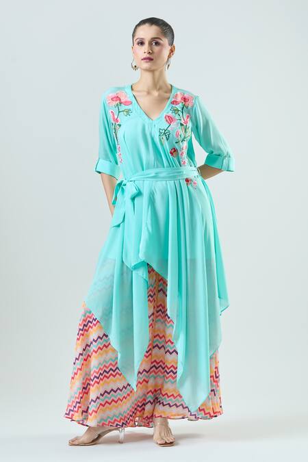 Seams Pret And Couture_Blue Crepe, Satin Embroidery V-neck Isabel Floral Tunic With Pant _at_Aza_Fashions