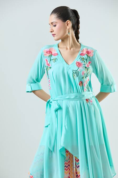Buy_Seams Pret And Couture_Blue Crepe, Satin Embroidery V-neck Isabel Floral Tunic With Pant 