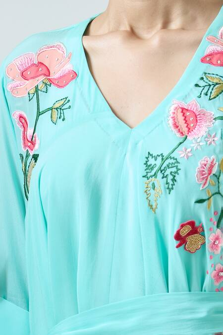 Shop_Seams Pret And Couture_Blue Crepe, Satin Embroidery V-neck Isabel Floral Tunic With Pant 