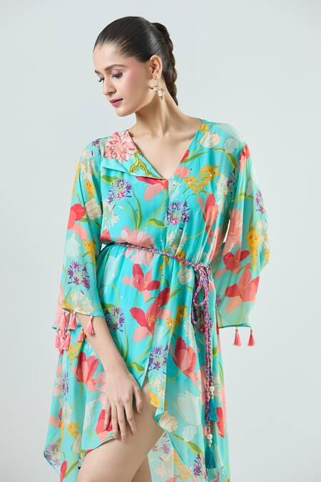 Shop_Seams Pret And Couture_Blue Crepe Embroidered Floral V-neck Adele Print Mini Dress _Online_at_Aza_Fashions