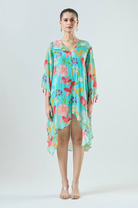Buy_Seams Pret And Couture_Blue Crepe Embroidered Floral V-neck Adele Print Mini Dress 
