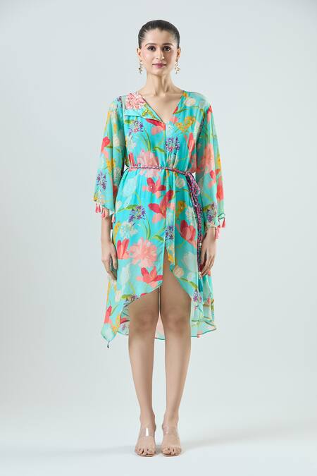 Shop_Seams Pret And Couture_Blue Crepe Embroidered Floral V-neck Adele Print Mini Dress 