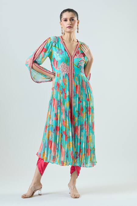 Seams Pret And Couture_Blue Georgette, Satin Embroidery, Aalam Floral Print Anarkali With Draped Pant _Online_at_Aza_Fashions