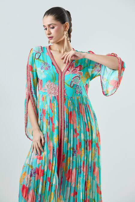 Buy_Seams Pret And Couture_Blue Georgette, Satin Embroidery, Aalam Floral Print Anarkali With Draped Pant _Online_at_Aza_Fashions