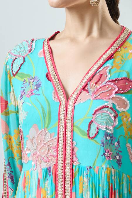 Shop_Seams Pret And Couture_Blue Georgette, Satin Embroidery, Aalam Floral Print Anarkali With Draped Pant _Online_at_Aza_Fashions