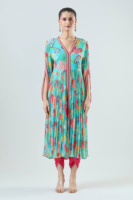 Buy_Seams Pret And Couture_Blue Georgette, Satin Embroidery, Aalam Floral Print Anarkali With Draped Pant 