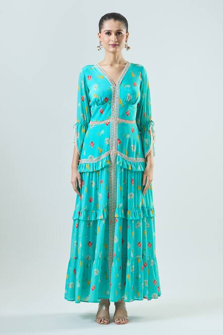 Seams Pret And Couture_Blue Crepe Print Floral V-neck Stella Maxi Dress _Online_at_Aza_Fashions