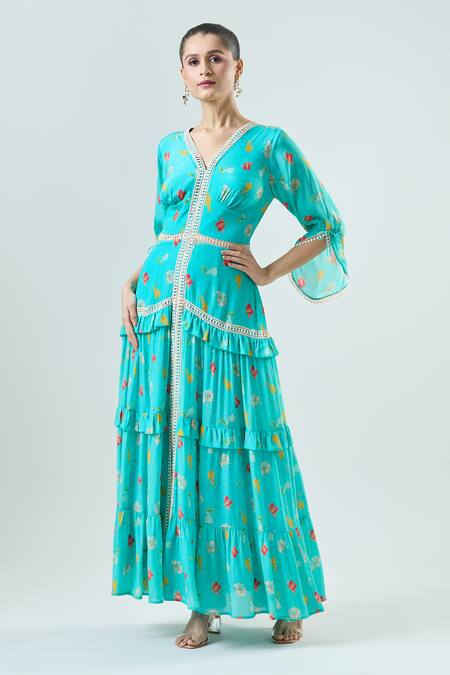 Buy_Seams Pret And Couture_Blue Crepe Print Floral V-neck Stella Maxi Dress _Online_at_Aza_Fashions