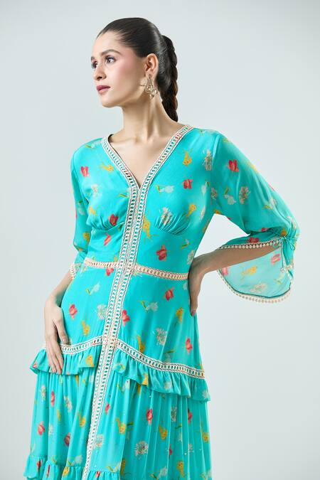 Shop_Seams Pret And Couture_Blue Crepe Print Floral V-neck Stella Maxi Dress _Online_at_Aza_Fashions