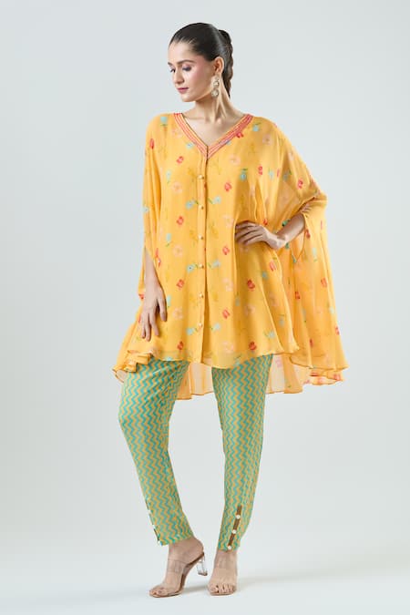 Seams Pret And Couture Yellow Georgette Print Floral V-neck Saira Top With Pant 