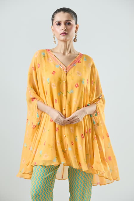 Shop_Seams Pret And Couture_Yellow Georgette Print Floral V-neck Saira Top With Pant _Online_at_Aza_Fashions