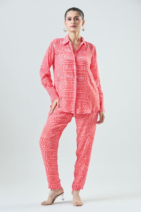 Seams Pret And Couture Coral Crepe Print Linear Collar Aanya Shirt With Pant 