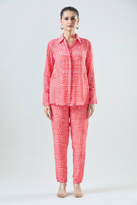 Buy_Seams Pret And Couture_Coral Crepe Print Linear Collar Aanya Shirt With Pant _Online_at_Aza_Fashions