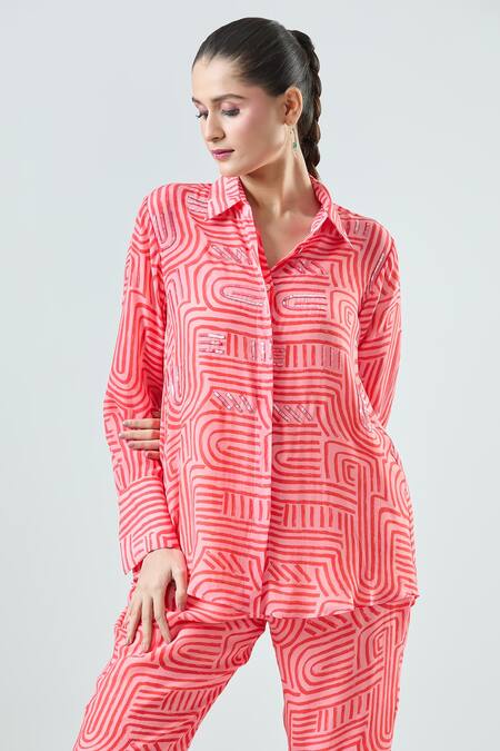 Seams Pret And Couture_Coral Crepe Print Linear Collar Aanya Shirt With Pant _at_Aza_Fashions