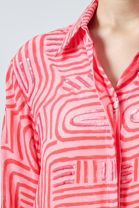 Buy_Seams Pret And Couture_Coral Crepe Print Linear Collar Aanya Shirt With Pant 