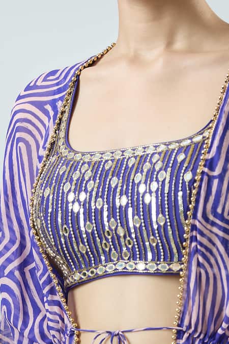 Buy_Seams Pret And Couture_Blue Georgette, Satin Beads, Chanchal Linear Print Jacket With Skirt Set _Online_at_Aza_Fashions