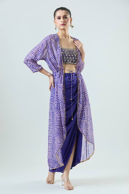 Shop_Seams Pret And Couture_Blue Georgette, Satin Beads, Chanchal Linear Print Jacket With Skirt Set _Online_at_Aza_Fashions