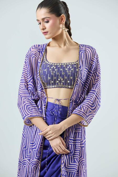 Seams Pret And Couture_Blue Georgette, Satin Beads, Chanchal Linear Print Jacket With Skirt Set _at_Aza_Fashions