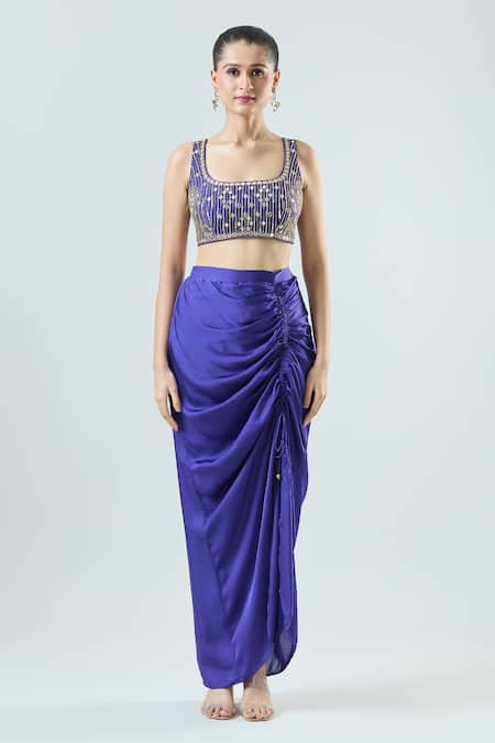 Buy_Seams Pret And Couture_Blue Georgette, Satin Beads, Chanchal Linear Print Jacket With Skirt Set 