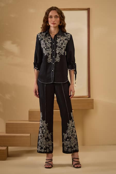 Label Deepika Nagpal_Black Cotton, Linen Embroidery Collared Thread Shirt And Pant _Online_at_Aza_Fashions