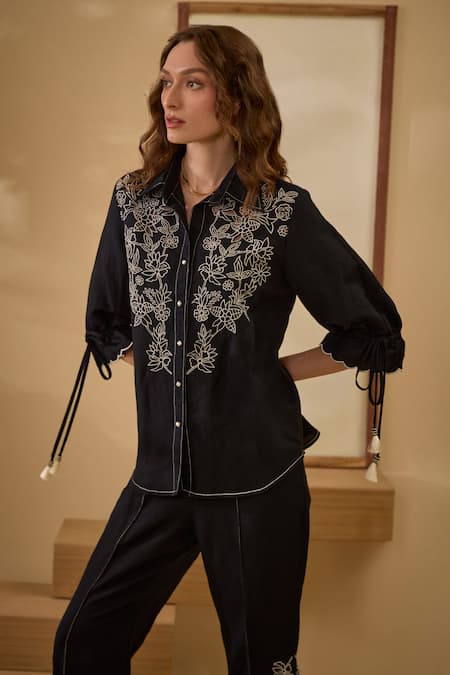 Buy_Label Deepika Nagpal_Black Cotton, Linen Embroidery Collared Thread Shirt And Pant _Online_at_Aza_Fashions
