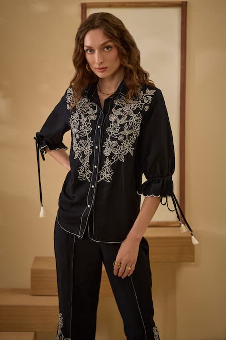 Shop_Label Deepika Nagpal_Black Cotton, Linen Embroidery Collared Thread Shirt And Pant _Online_at_Aza_Fashions