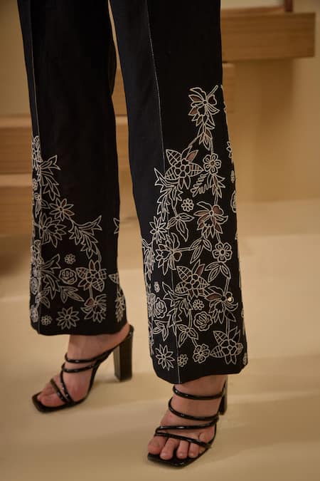 Label Deepika Nagpal_Black Cotton, Linen Embroidery Collared Thread Shirt And Pant _at_Aza_Fashions