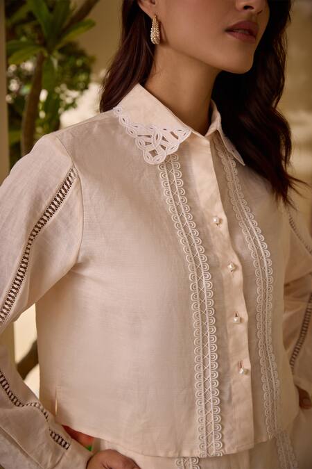 Buy Label Deepika Nagpal Peach Cotton, Linen Lace Collared Embellished Shirt With Shorts Online at Aza Fashions Buy_Label Deepika Nagpal_Peach Cotton, Linen Lace Collared Embellished Shirt With Shorts _Online_at_Aza_Fashions