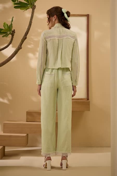 Shop Label Deepika Nagpal Green Cotton, Linen Lace Collared Cut-out Shirt And Pant Set at Aza Fashions Shop_Label Deepika Nagpal_Green Cotton, Linen Lace Collared Cut-out Shirt And Pant Set _at_Aza_Fashions