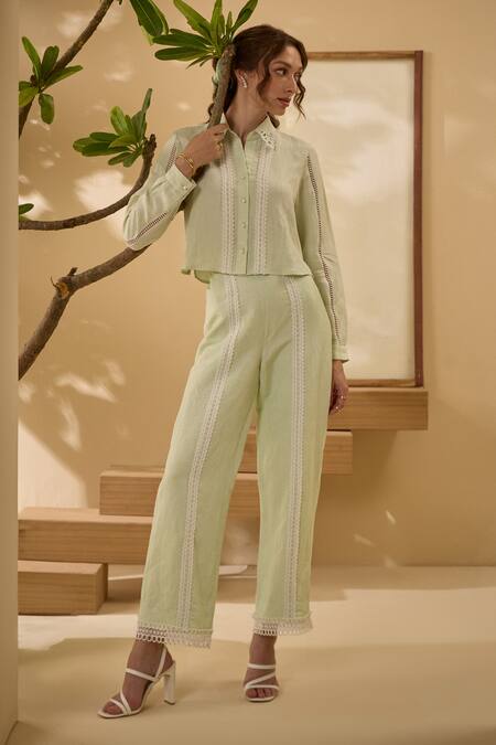 Buy Label Deepika Nagpal Green Cotton, Linen Lace Collared Cut-out Shirt And Pant Set Online at Aza Fashions Buy_Label Deepika Nagpal_Green Cotton, Linen Lace Collared Cut-out Shirt And Pant Set _Online_at_Aza_Fashions