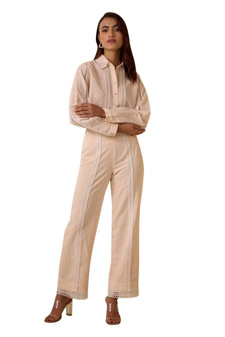 Buy Label Deepika Nagpal Peach Cotton, Linen Lace Collared Cut-out Shirt With Pant Buy_Label Deepika Nagpal_Peach Cotton, Linen Lace Collared Cut-out Shirt With Pant