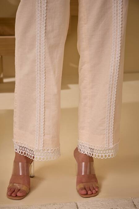 Shop Label Deepika Nagpal Peach Cotton, Linen Lace Collared Cut-out Shirt With Pant Shop_Label Deepika Nagpal_Peach Cotton, Linen Lace Collared Cut-out Shirt With Pant