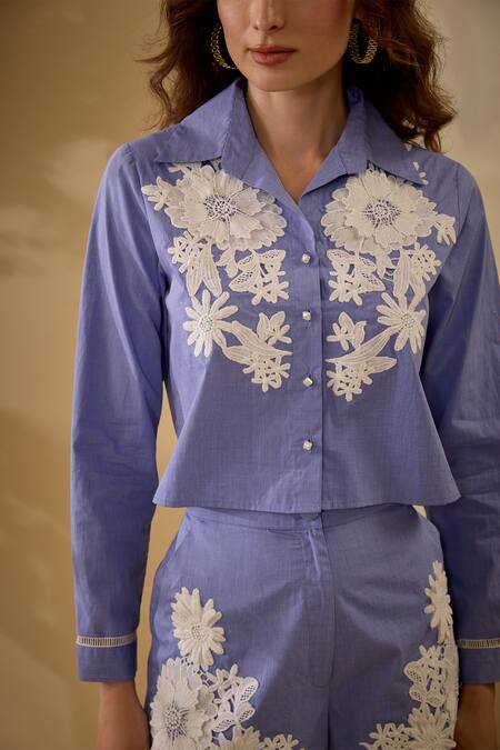 Buy Label Deepika Nagpal Blue Cotton, Linen Embroidery Collared Floral Lace Detailed Shirt With Shorts Buy_Label Deepika Nagpal_Blue Cotton, Linen Embroidery Collared Floral Lace Detailed Shirt With Shorts