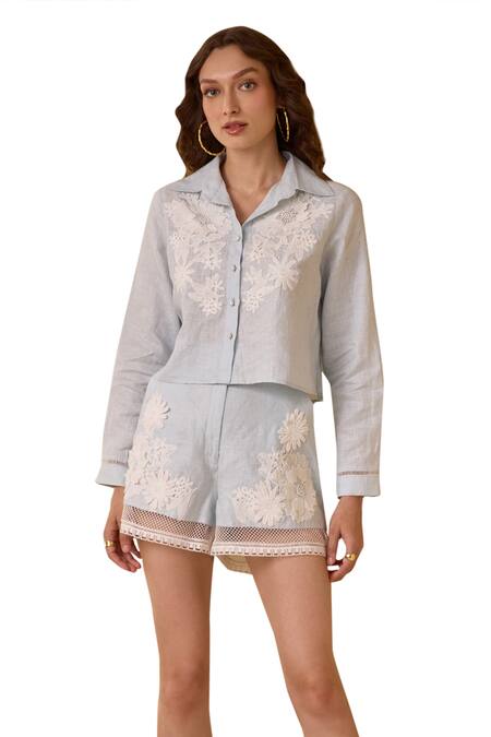 Label Deepika Nagpal Blue Cotton, Linen Embroidery, Lace Collared Floral Detailed Shirt And Shorts Set Online at Aza Fashions Label Deepika Nagpal_Blue Cotton, Linen Embroidery, Lace Collared Floral Detailed Shirt And Shorts Set _Online_at_Aza_Fashions