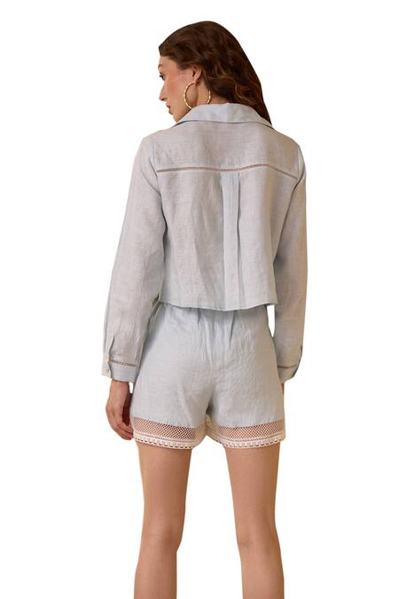 Buy Label Deepika Nagpal Blue Cotton, Linen Embroidery, Lace Collared Floral Detailed Shirt And Shorts Set Buy_Label Deepika Nagpal_Blue Cotton, Linen Embroidery, Lace Collared Floral Detailed Shirt And Shorts Set