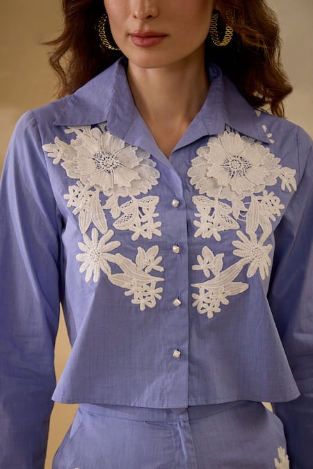 Label Deepika Nagpal_Blue Cotton Embroidery Collared Thread Detailed Shirt And Pant Set _Online_at_Aza_Fashions