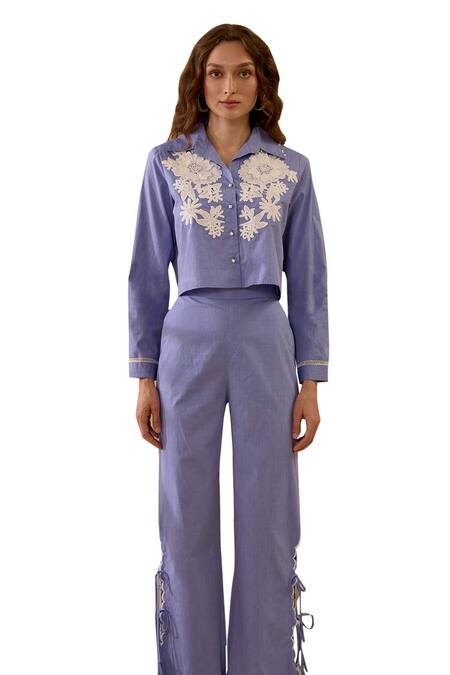 Shop_Label Deepika Nagpal_Blue Cotton Embroidery Collared Thread Detailed Shirt And Pant Set _Online_at_Aza_Fashions