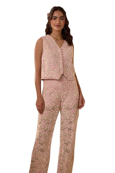 Label Deepika Nagpal_Pink Lace Lace, Embroidery V-neck Mesh Vest With Pant _Online_at_Aza_Fashions