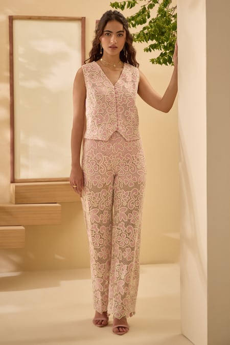Buy_Label Deepika Nagpal_Pink Lace Lace, Embroidery V-neck Mesh Vest With Pant _Online_at_Aza_Fashions