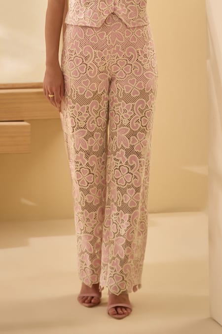 Shop_Label Deepika Nagpal_Pink Lace Lace, Embroidery V-neck Mesh Vest With Pant _Online_at_Aza_Fashions