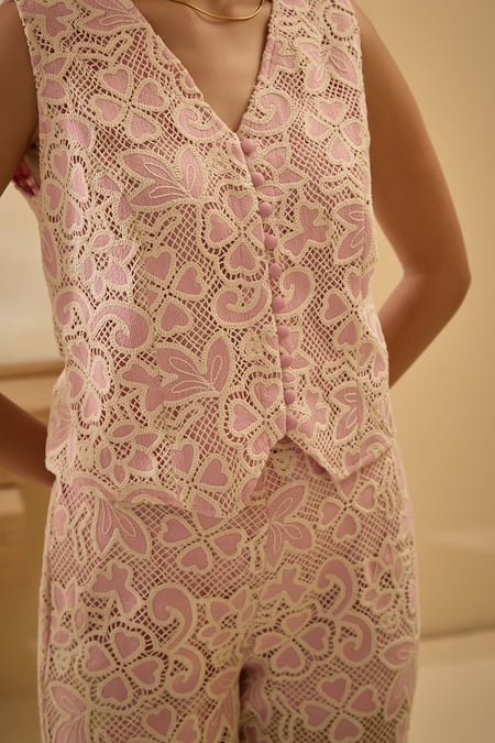 Buy_Label Deepika Nagpal_Pink Lace Lace, Embroidery V-neck Mesh Vest With Pant 