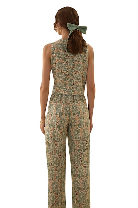 Label Deepika Nagpal_Green Lace V-neck Mesh Vest With Pant _Online_at_Aza_Fashions